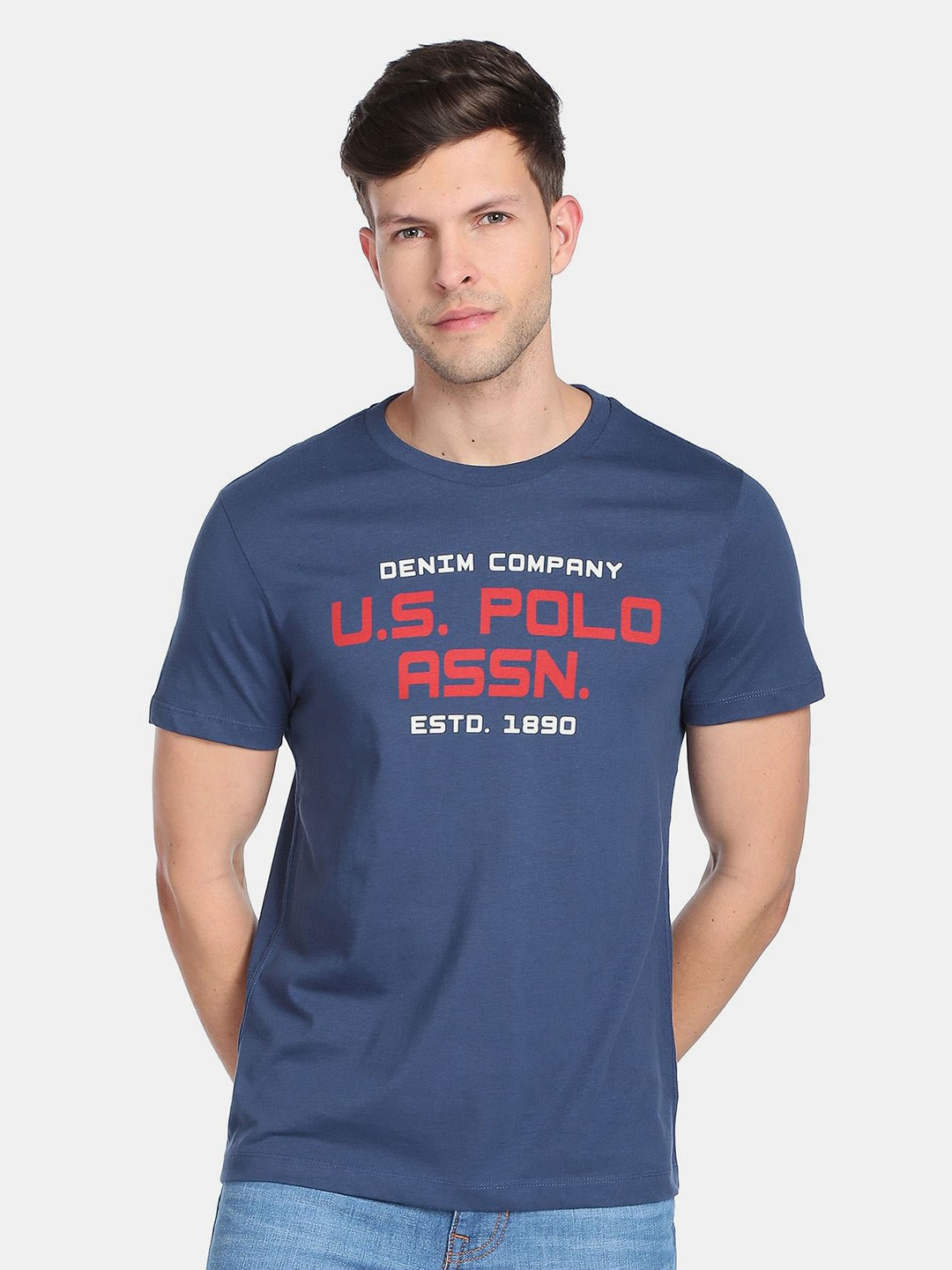 

U.S. Polo Assn. Denim Co. Men Brand Logo Printed Pure Cotton Slim Fit T-shirt, Navy blue