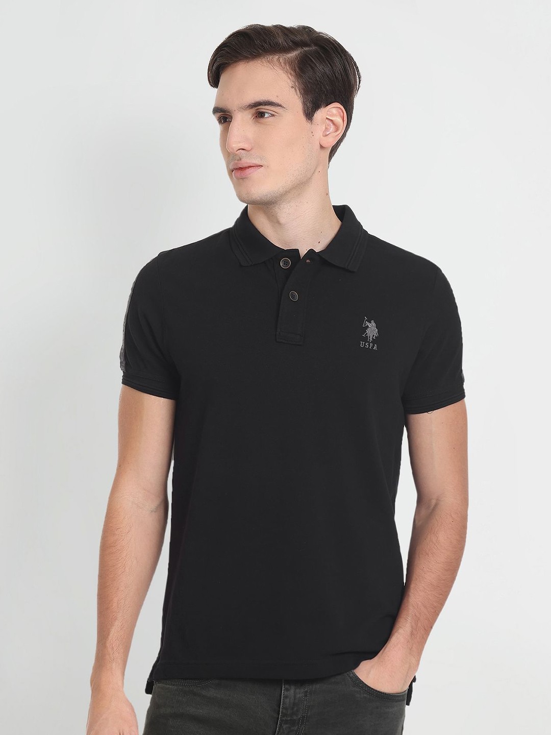 

U.S. Polo Assn. Denim Co. Men Polo Collar Pure Cotton Slim Fit T-shirt, Black