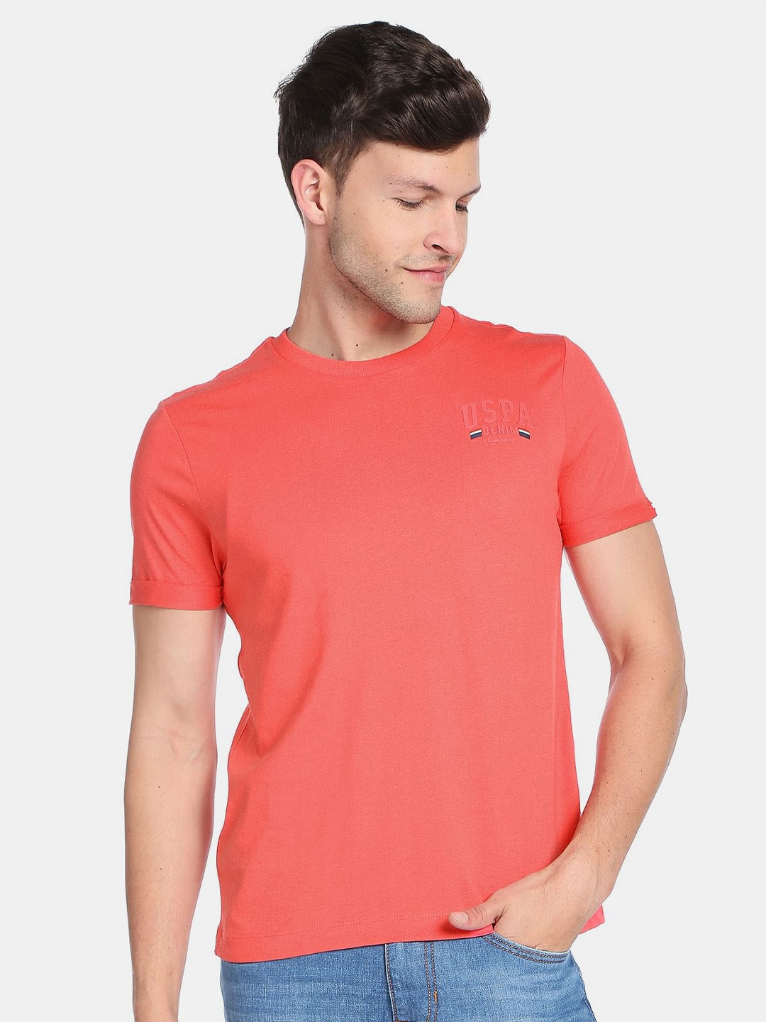 

U.S. Polo Assn. Denim Co. Men Slim Fit Pure Cotton T-shirt, Coral