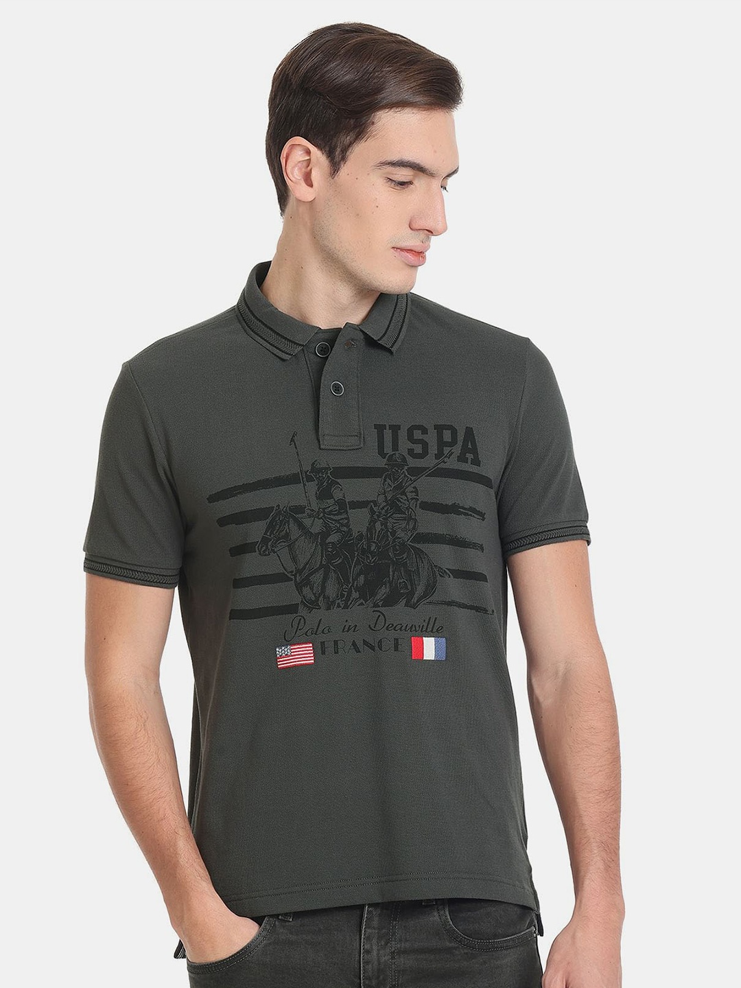 

U.S. Polo Assn. Denim Co. Men Printed Polo Collar Slim Fit Cotton T-shirt, Grey