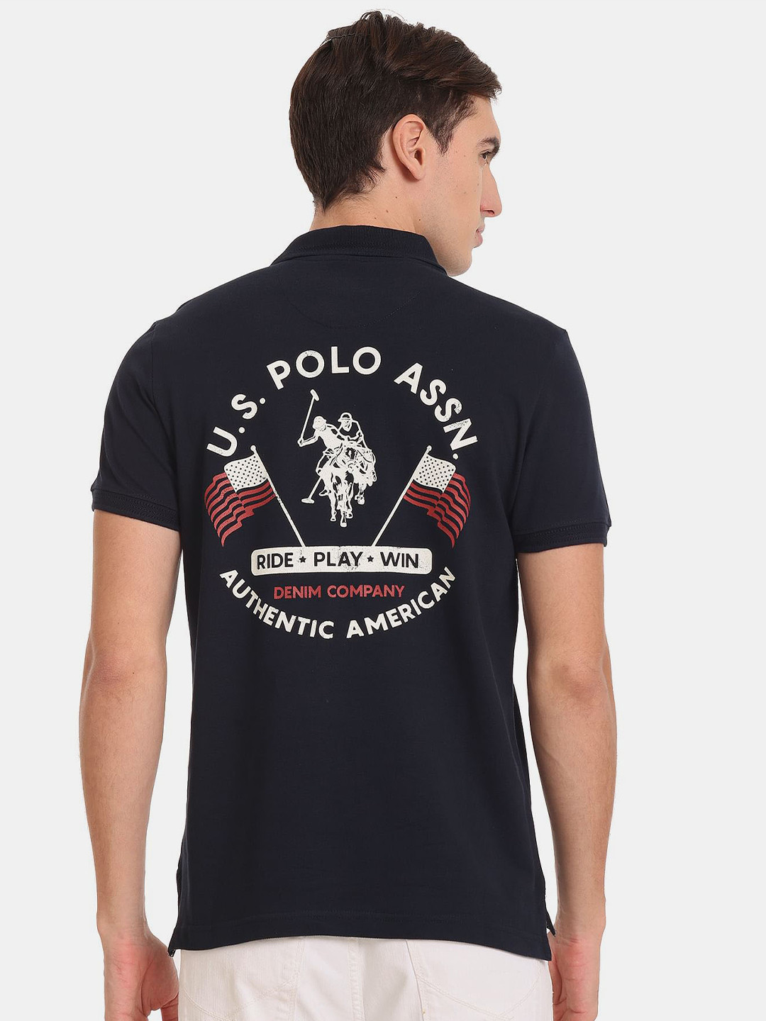 

U.S. Polo Assn. Denim Co. Men Brand Logo Printed Polo Collar Slim Fit Pure Cotton T-shirt, Blue