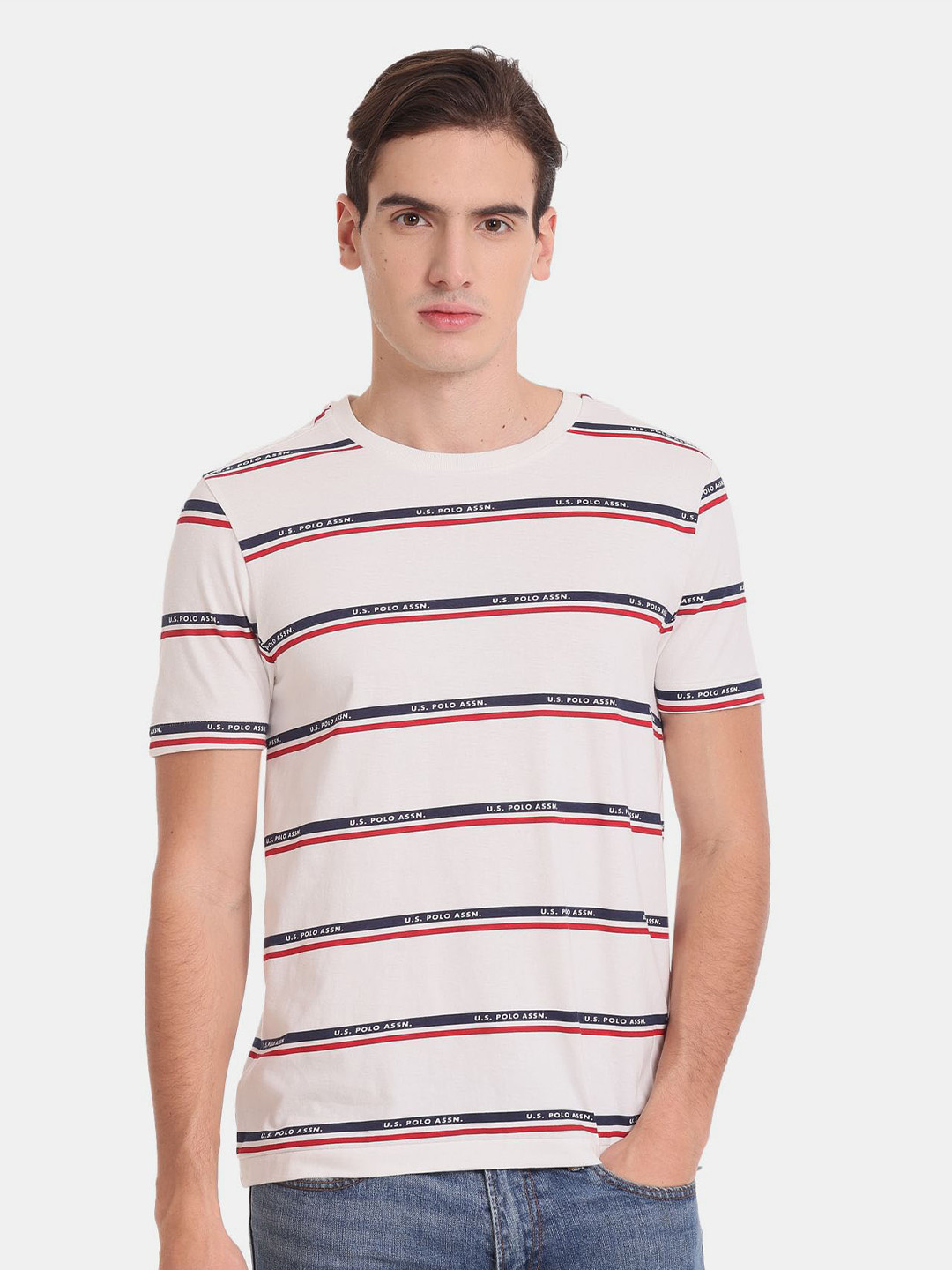 

U.S. Polo Assn. Denim Co. Men Striped Slim Fit Cotton T-shirt, White