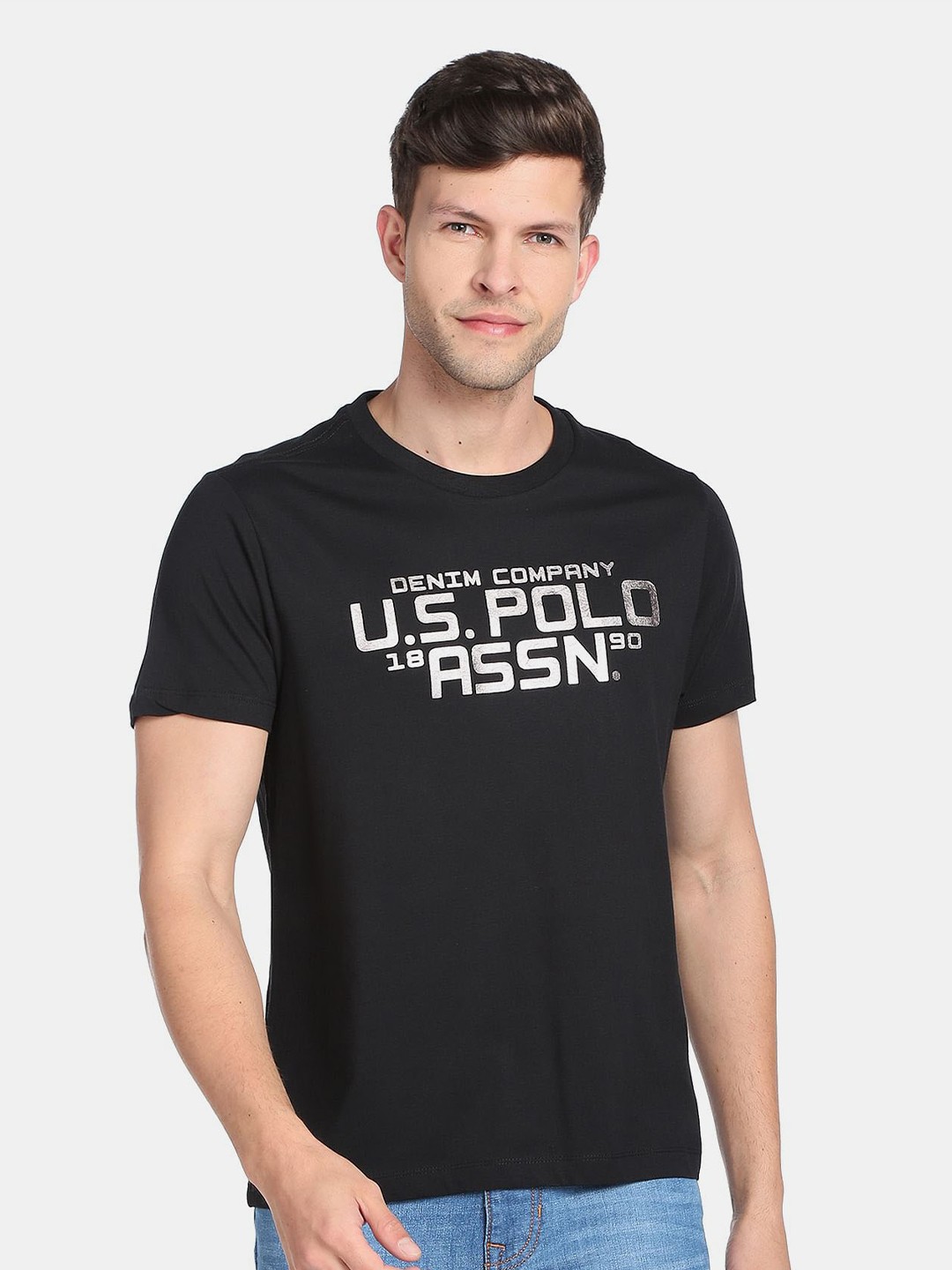 

U.S. Polo Assn. Denim Co. Men Brand Logo Printed Pure Cotton Slim Fit T-shirt, Black