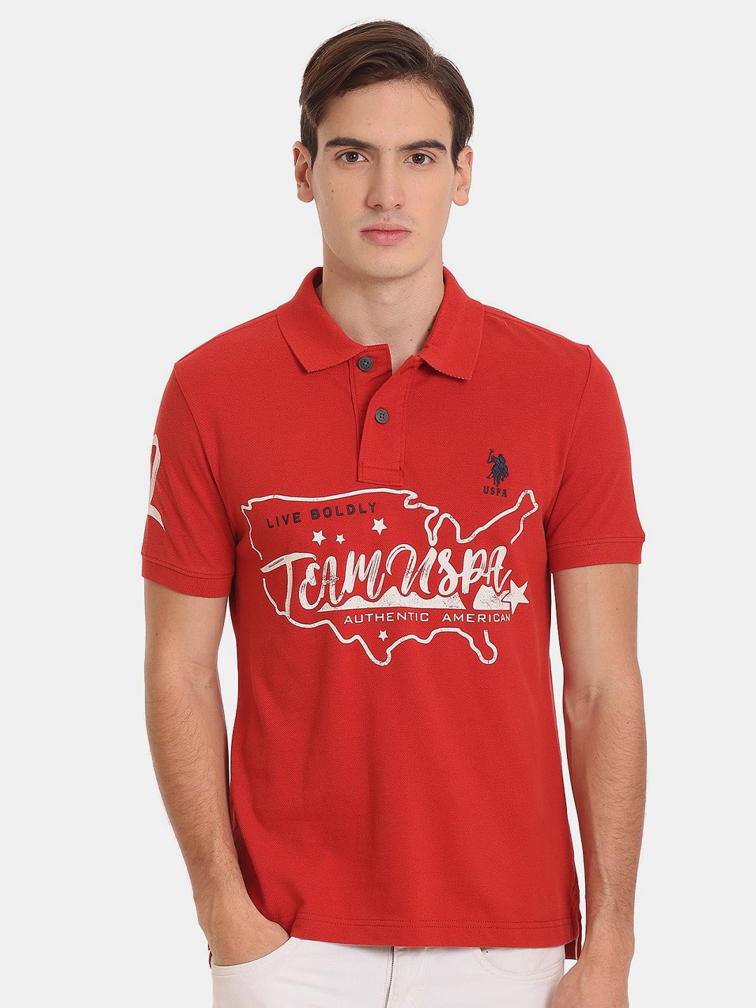

U.S. Polo Assn. Denim Co. Men Typography Printed Slim Fit Cotton T-shirt, Red
