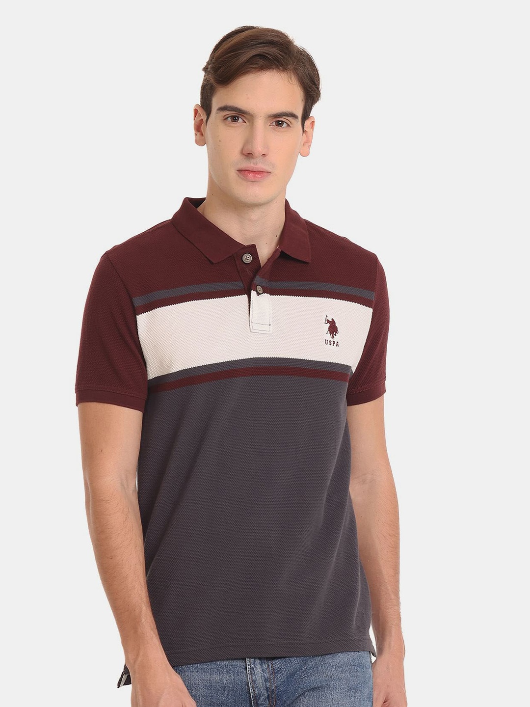 

U.S. Polo Assn. Denim Co. Men Colourblocked Polo Collar Pure Cotton T-shirt, Maroon