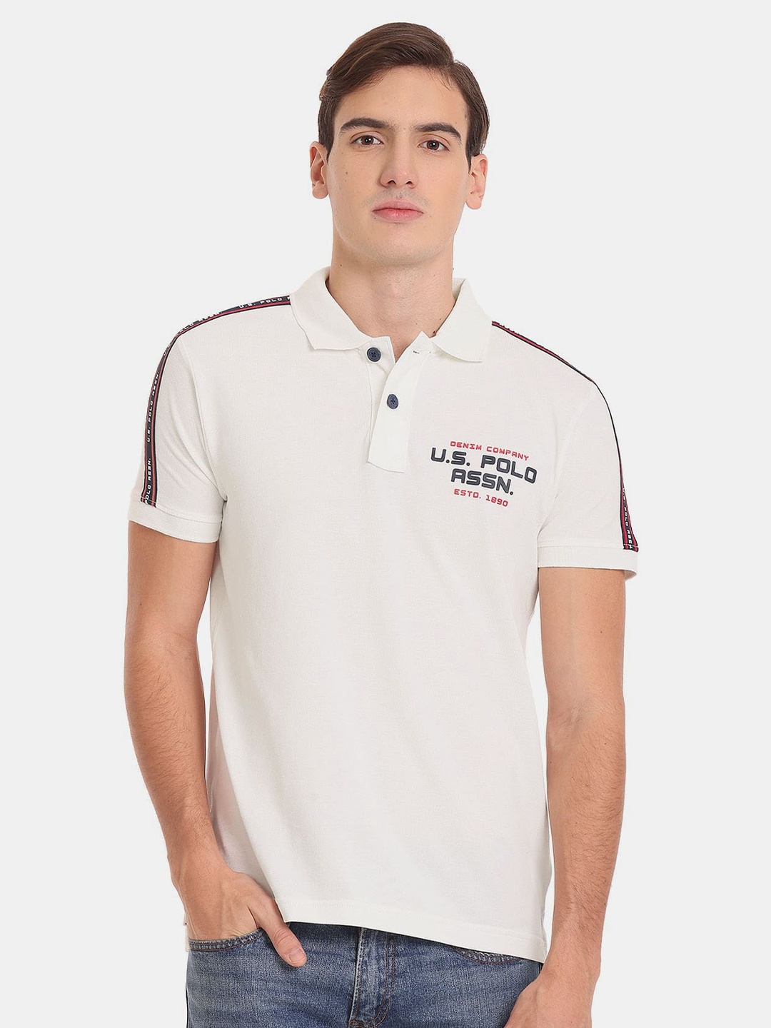 

U.S. Polo Assn. Denim Co. Men Polo Collar Slim Fit Pure Cotton T-shirt, White