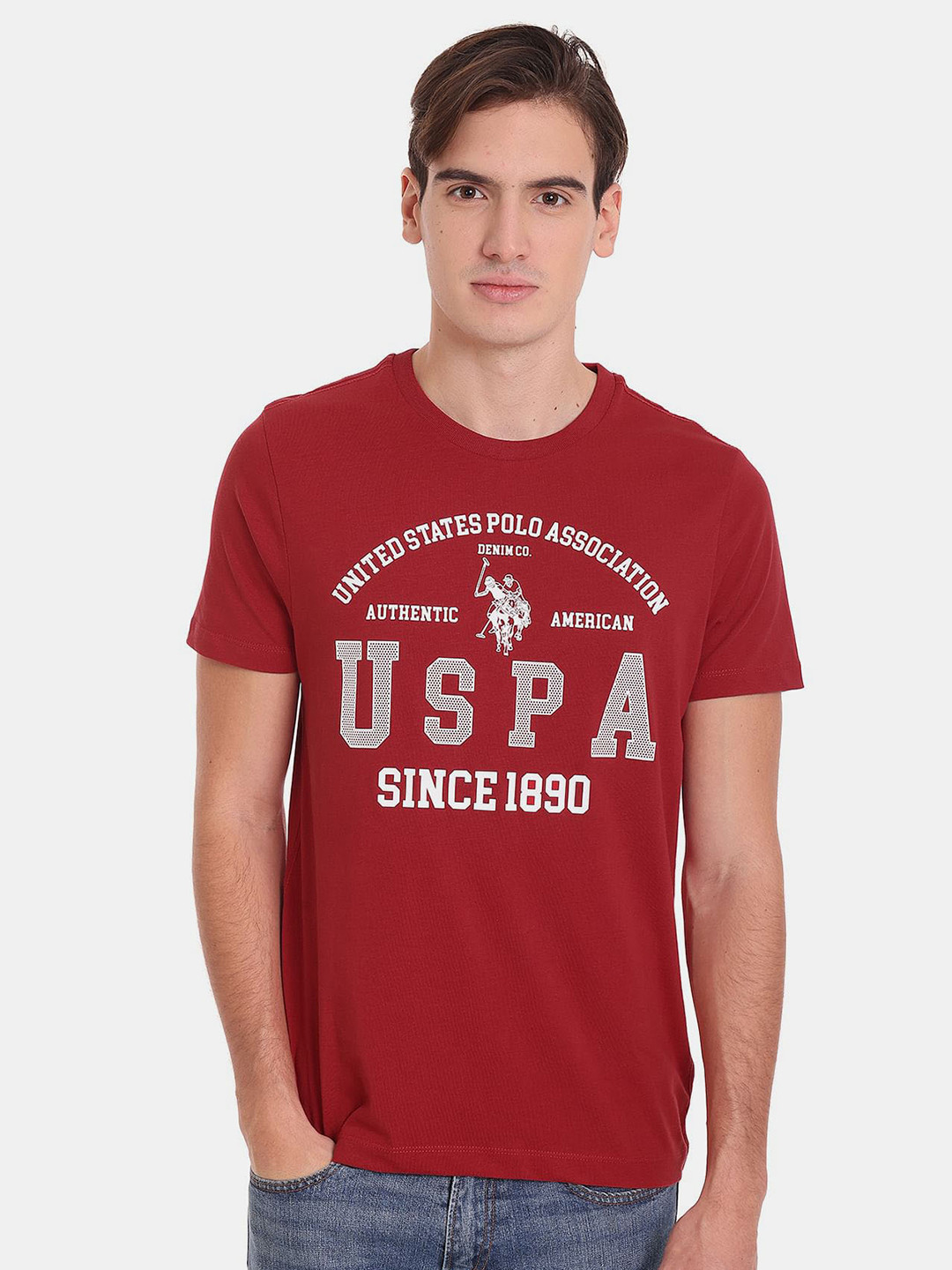 

U.S. Polo Assn. Denim Co Men Typography Printed Slim Fit Pure Cotton T-shirt, Red
