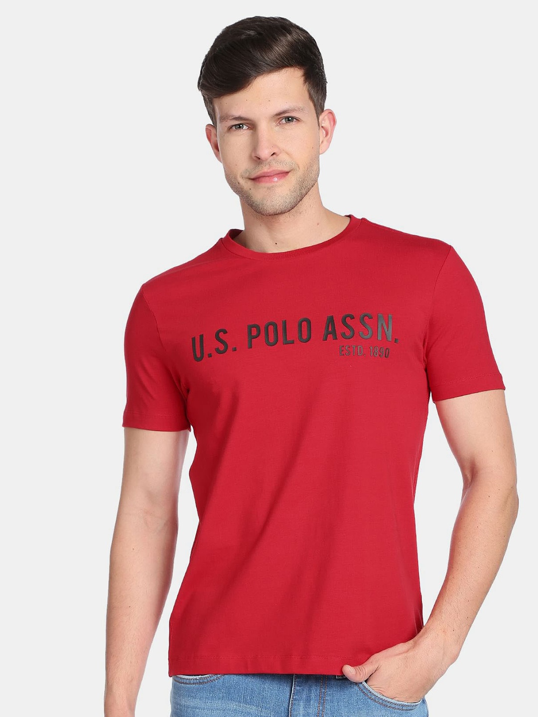 

U.S. Polo Assn. Denim Co. Men Typography Printed Slim Fit Cotton T-shirt, Red