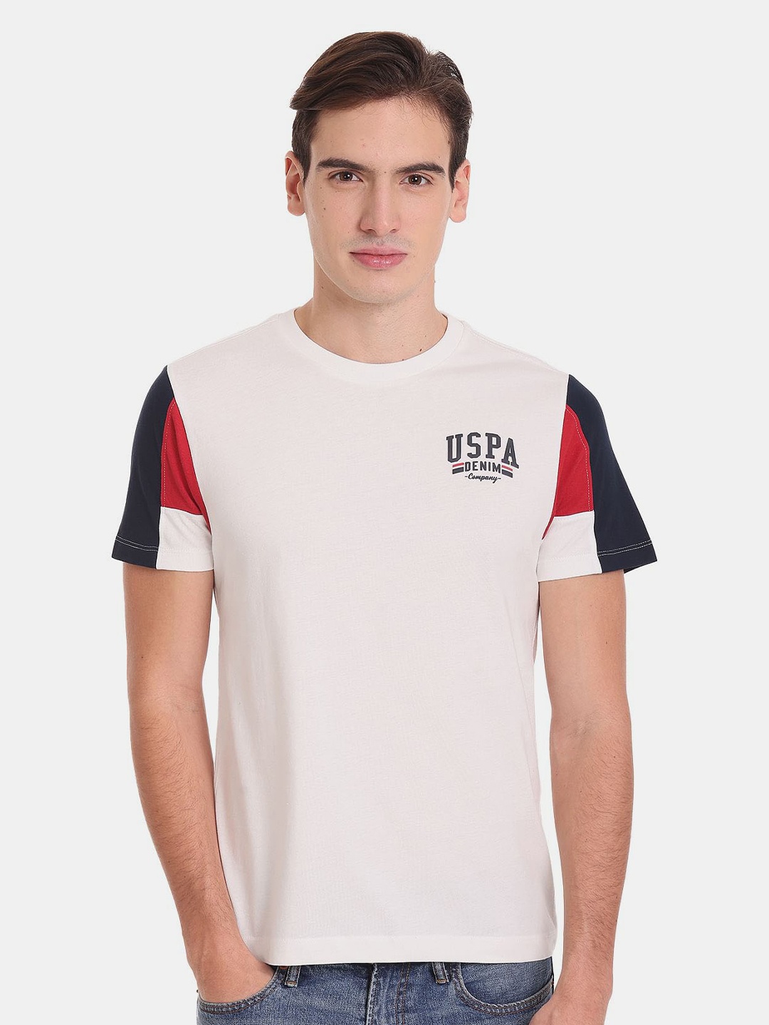 

U.S. Polo Assn. Denim Co. Men Colourblocked Slim Fit Cotton T-shirt, White