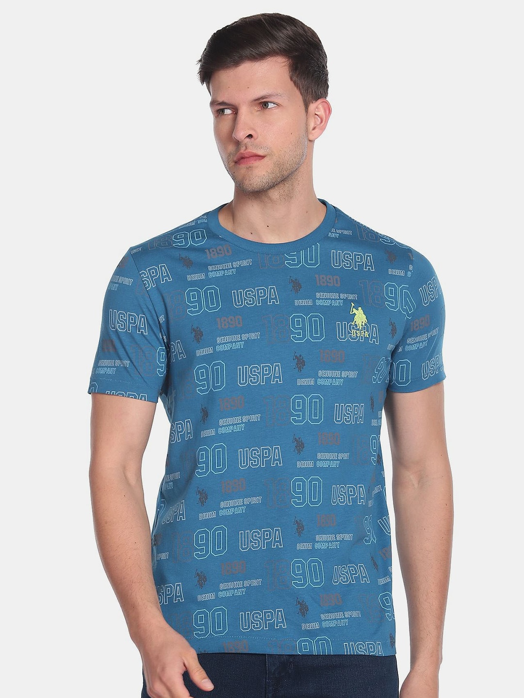 

U.S. Polo Assn. Denim Co. Men Typography Printed Slim Fit Pure Cotton T-shirt, Blue