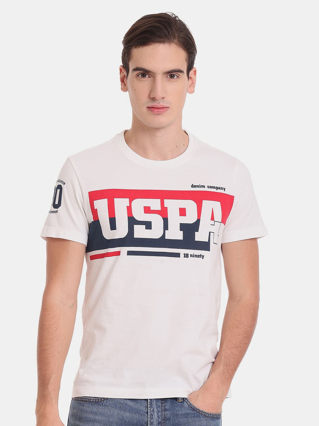 

U.S. Polo Assn. Denim Co. Men Cotton Typography Printed Slim Fit T-shirt, White