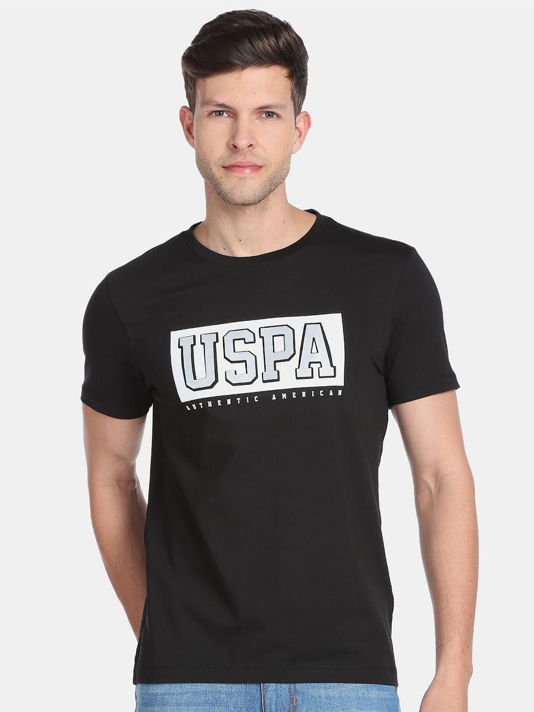 

U S Polo Assn Denim Co Men Plus Size Typography Printed Slim Fit T-shirt, Black