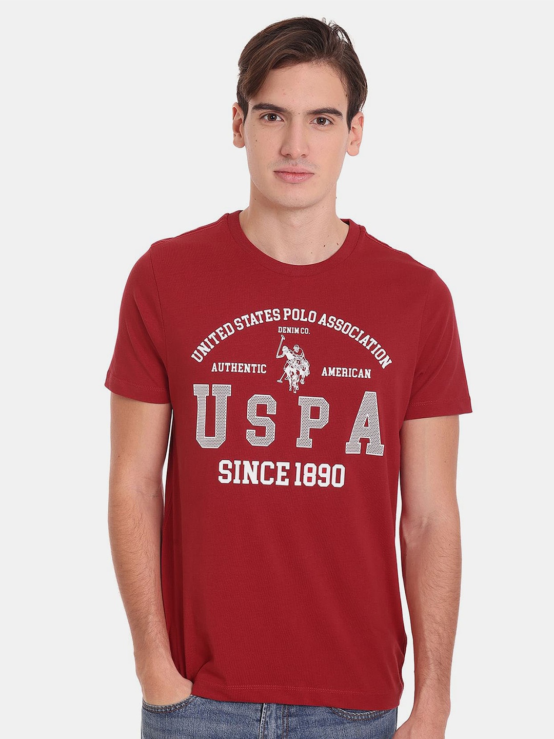 

U.S. Polo Assn. Denim Co. Men Pure Cotton Typography Printed Plus Size T-shirt, Red