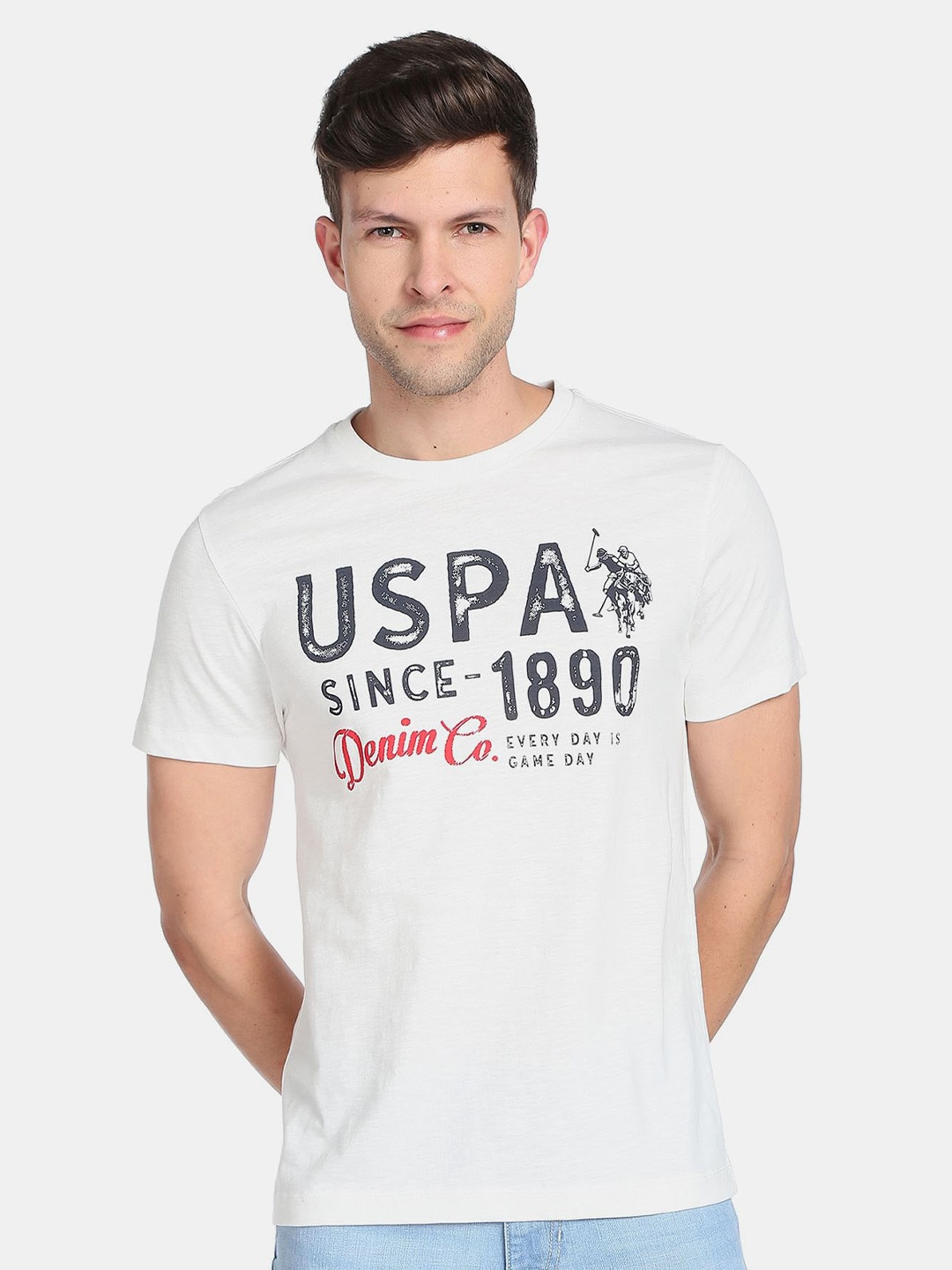 

U.S. Polo Assn. Denim Co. Men Typography Printed Pure Cotton Slim Fit T-shirt, White