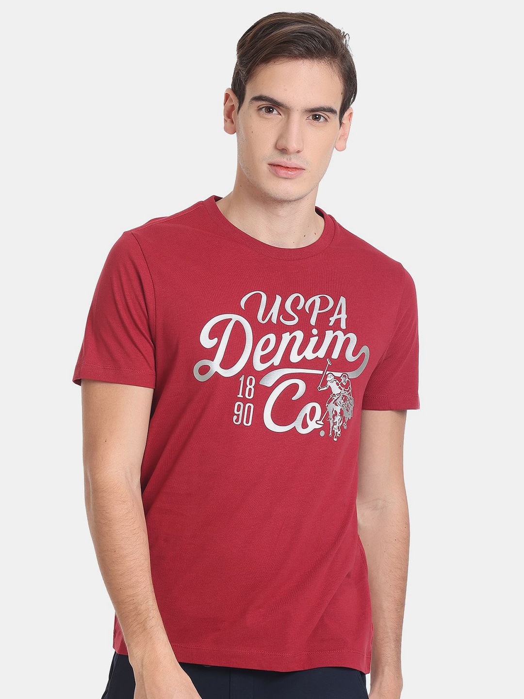 

U.S. Polo Assn. Denim Co. Men Printed Pure Cotton Slim Fit T-shirt, Maroon