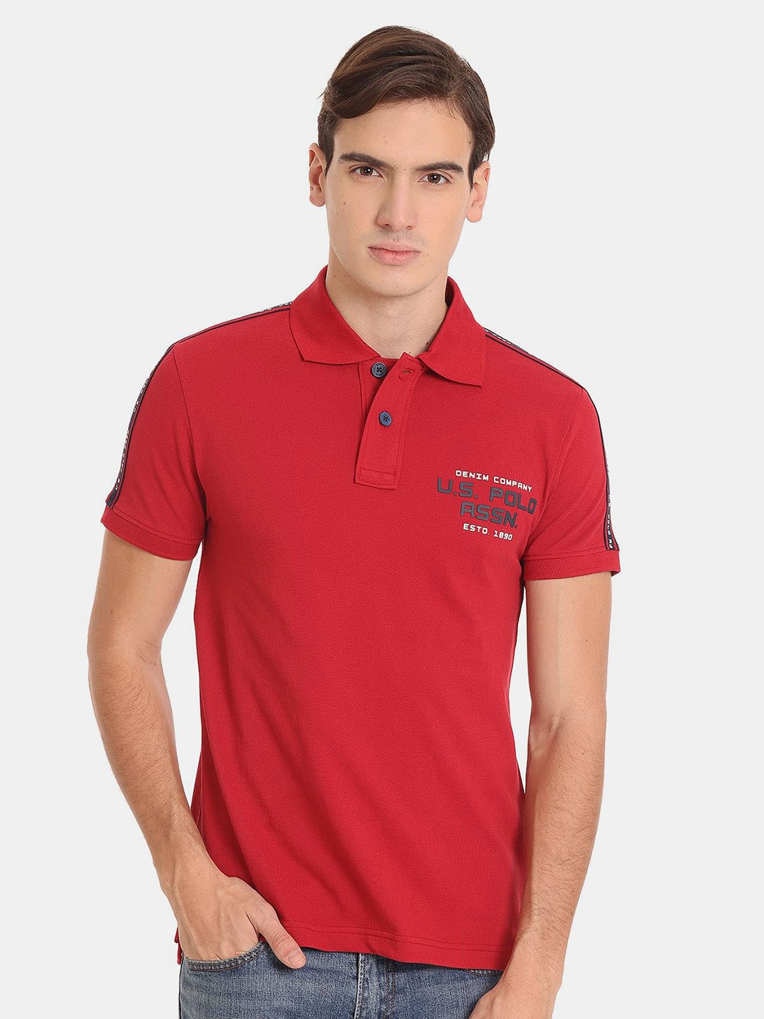 

U.S. Polo Assn. Denim Co. Men Plus Size Polo Collar Slim Fit Pure Cotton T-shirt, Red