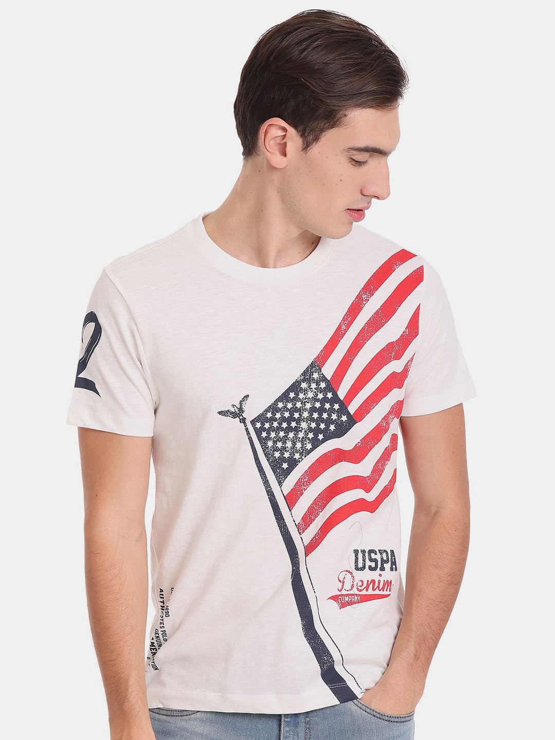 

U.S. Polo Assn. Denim Co. Men Graphic Printed Slim Fit Pure Cotton T-shirt, White