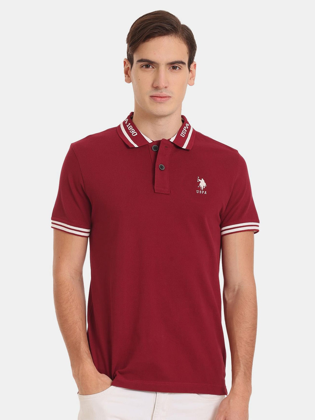 

U.S. Polo Assn. Denim Co. Men Polo Collar Slim Fit Pure Cotton T-shirt, Maroon
