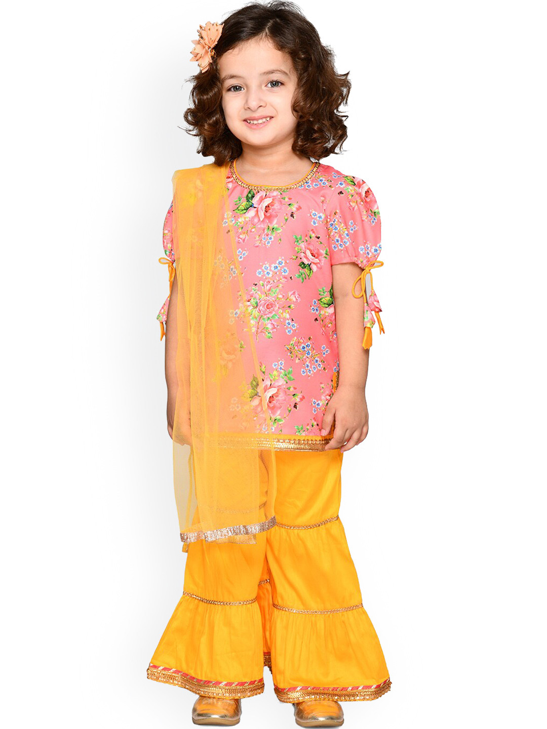 

SAKA DESIGNS Girls Floral Printed Gotta Patti Pure Cotton Kurti with Sharara & Dupatta, Pink