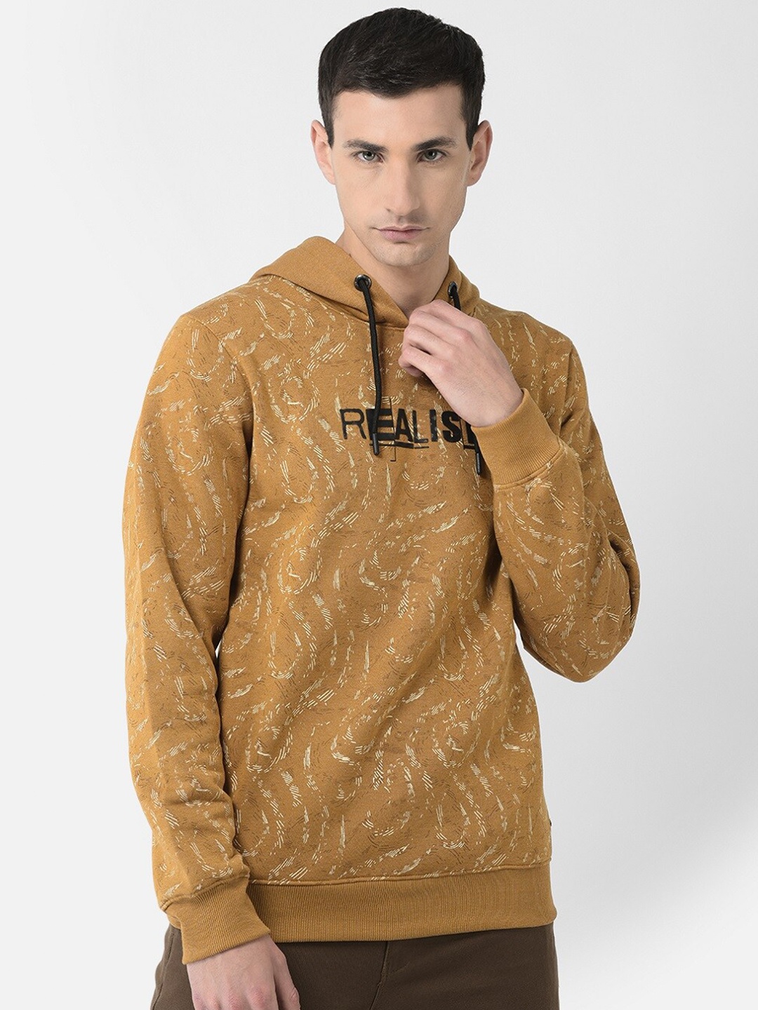 

Crimsoune Club Men Printed Hooded Sweatshirt, Mustard