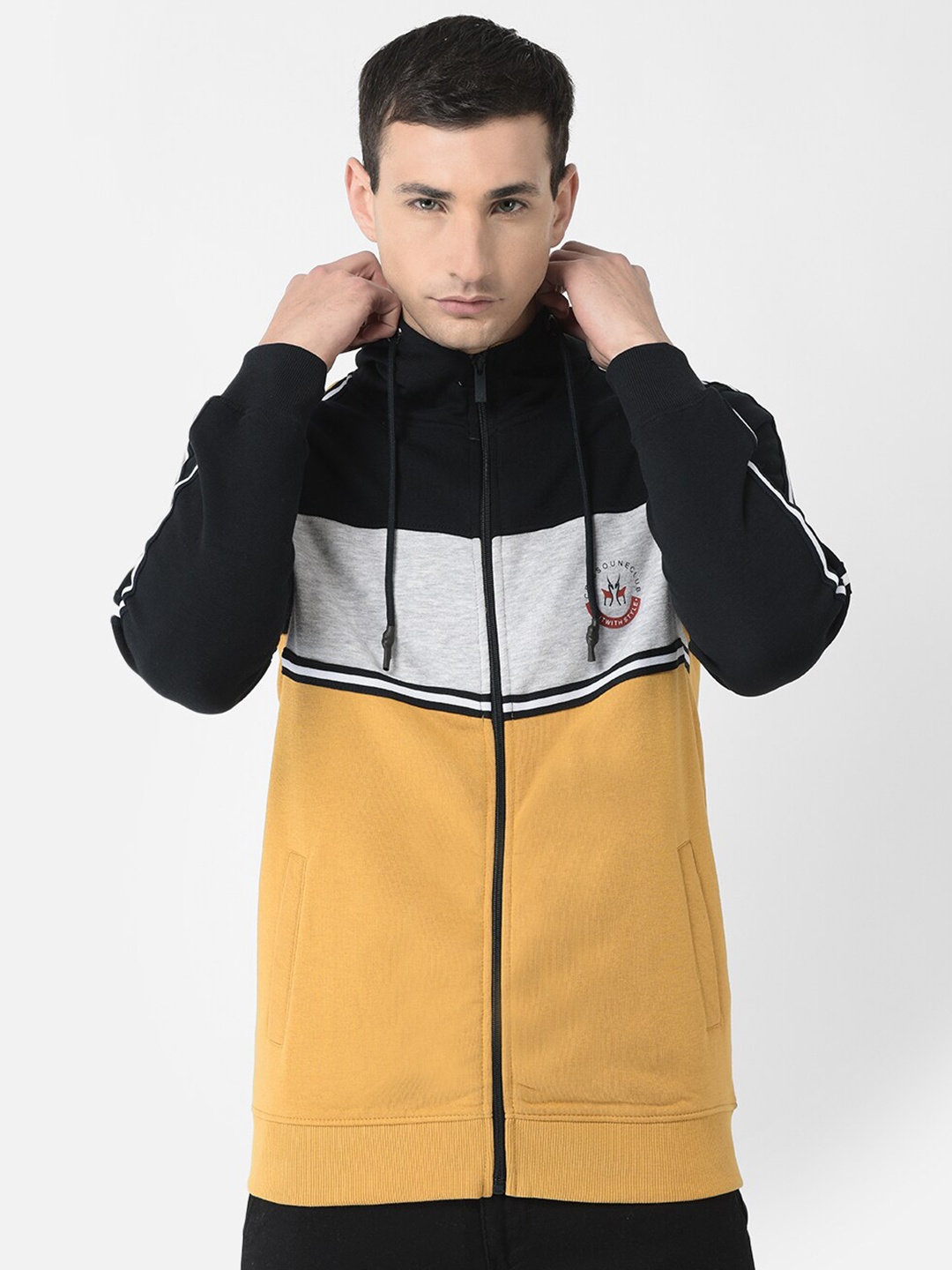 

Crimsoune Club Men Colourblocked Hooded Sweatshirt, Mustard