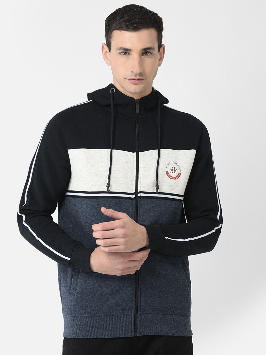 

Crimsoune Club Men Colourblocked Hooded Sweatshirt, Navy blue