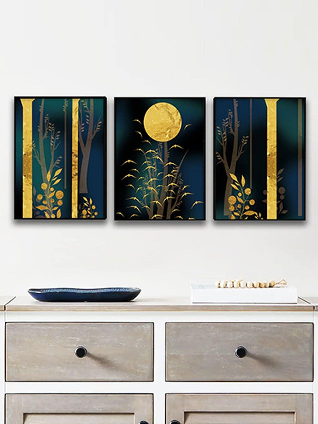 

Art Street Teal Blue & Gold-Toned Set Of 3 Calm Forest Painting Wall Art