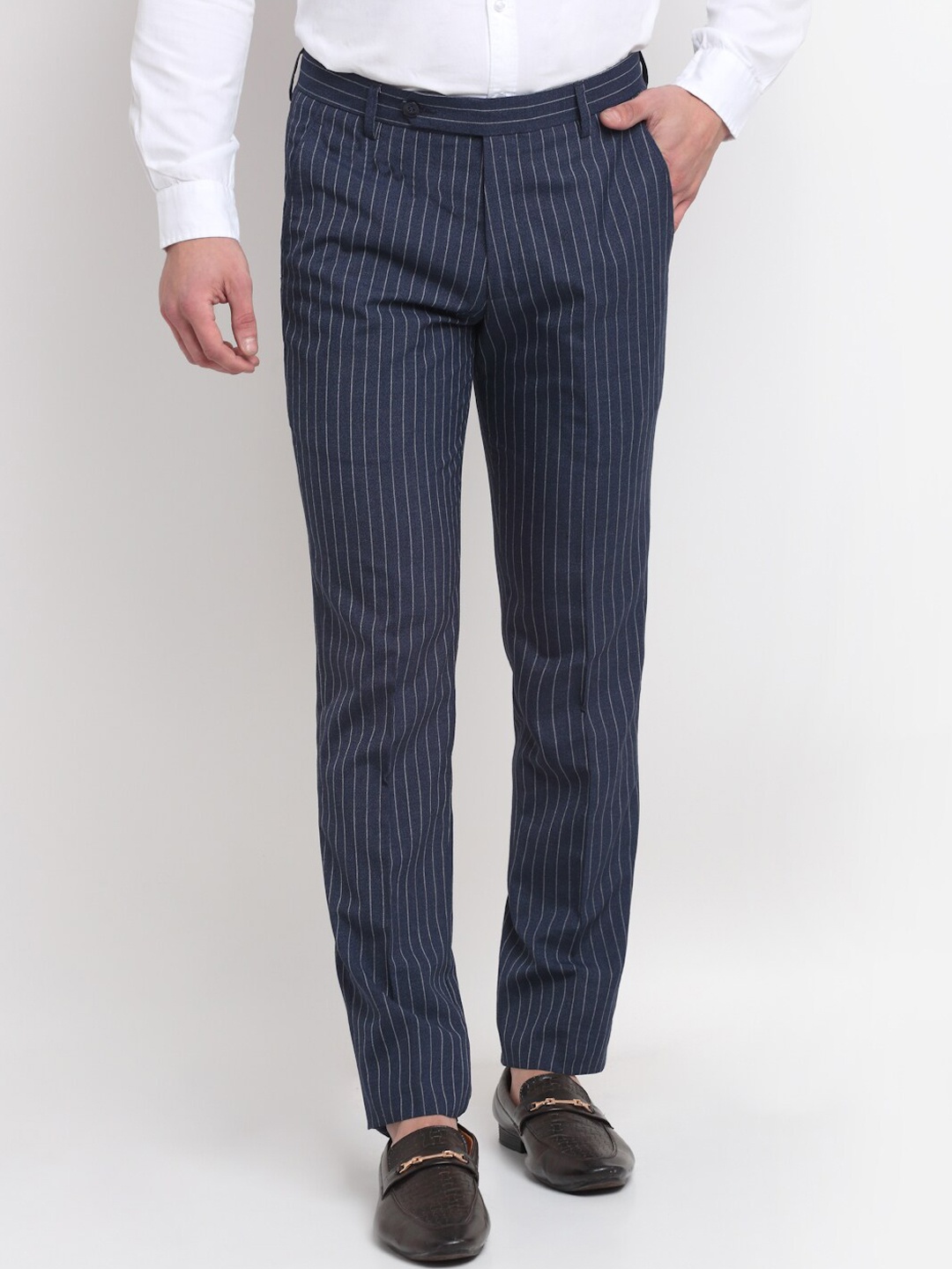 

Ennoble Men Striped Smart Tapered Fit Easy Wash Trousers, Blue