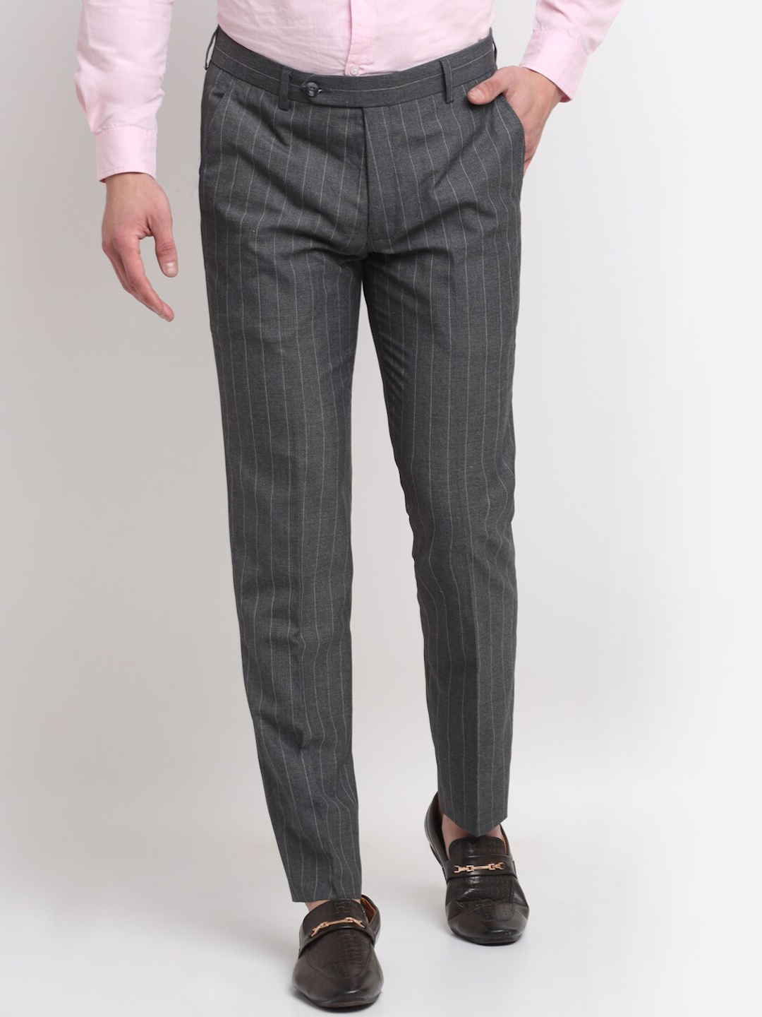 

Ennoble Men Striped Smart Tapered Fit Easy Wash Trousers, Grey