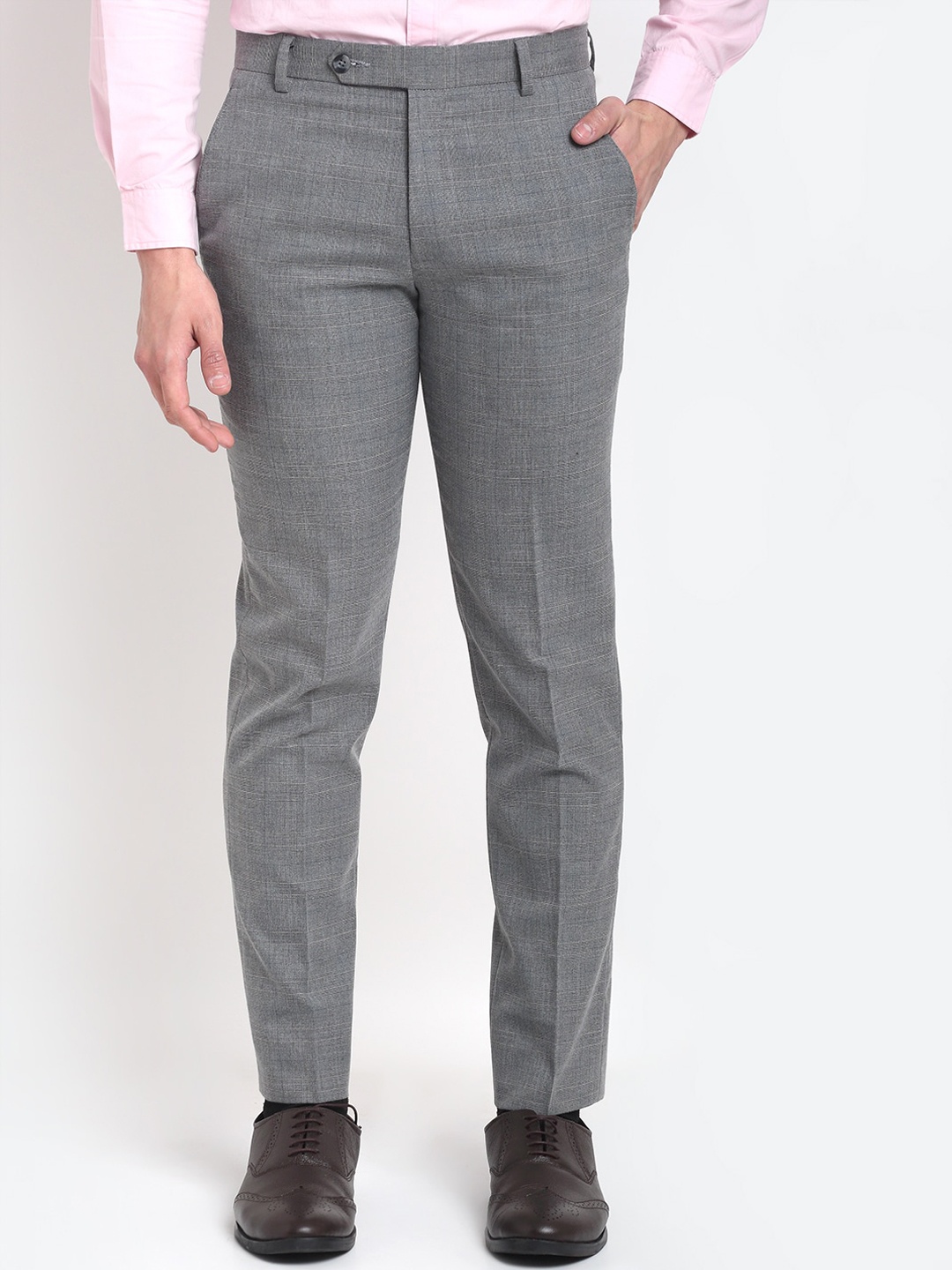

Ennoble Men Checked Smart Tapered Fit Easy Wash Trousers, Grey