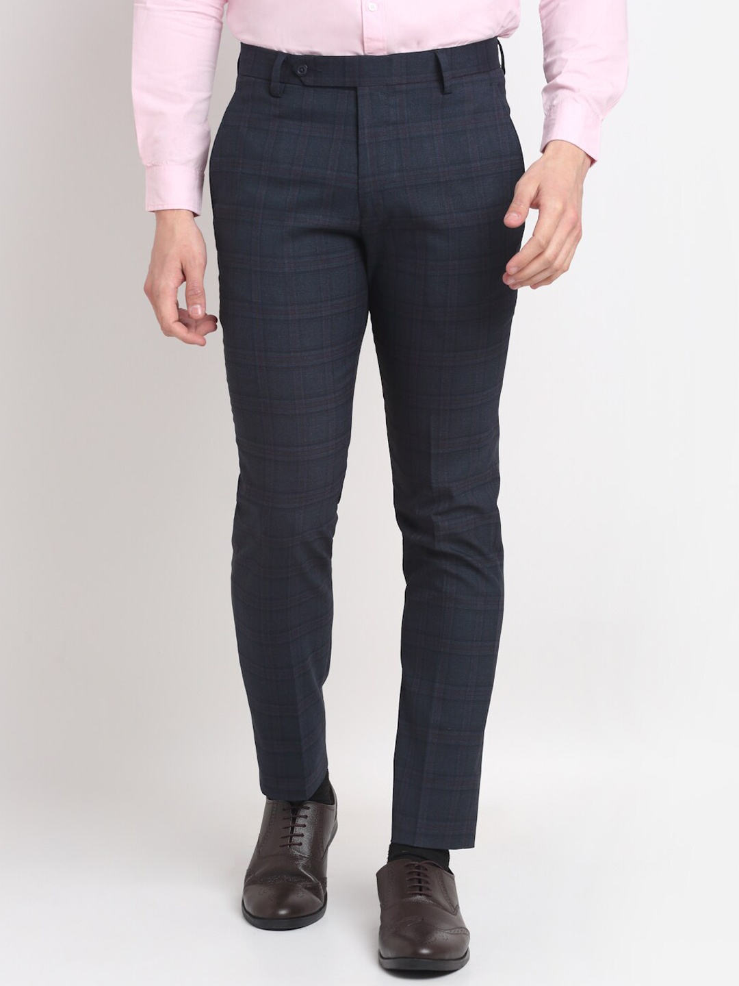 

Ennoble Men Checked Tapered Fit Formal Trousers, Navy blue