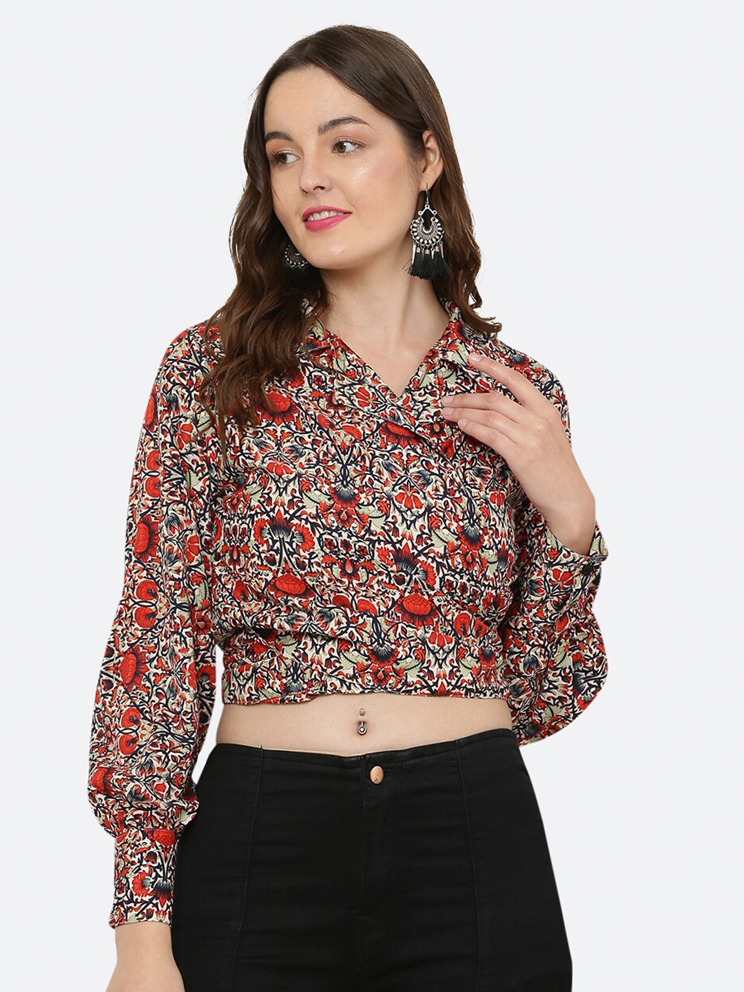 

R Cube Women Floral Printed Casual Crop Shirt, Beige