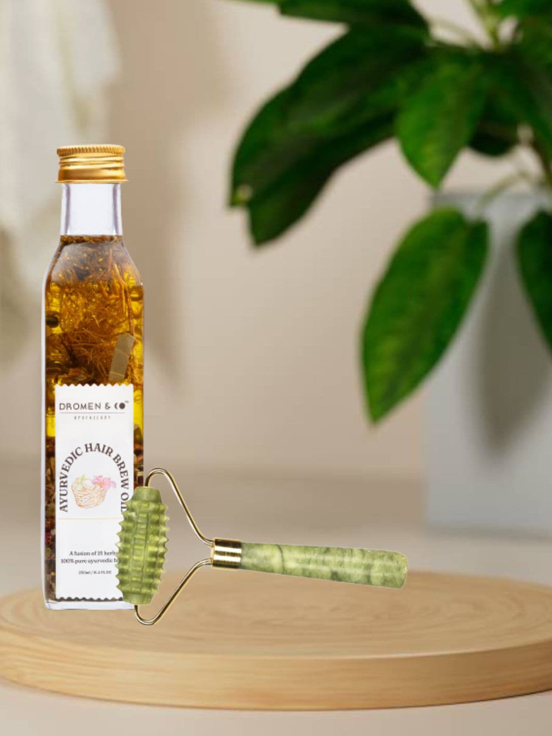 

DROMEN & CO Ayurvedic Hair Brew Oil with Jade Spike Roller, Olive