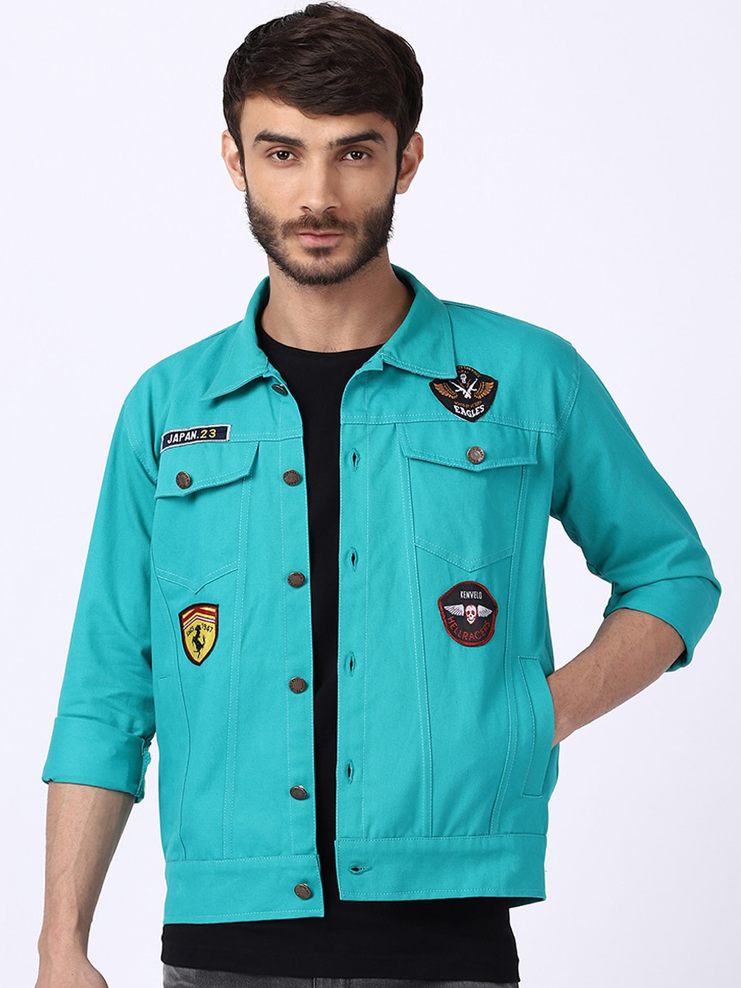 

VOXATI Men Cotton Denim Jacket with Patchwork, Turquoise blue