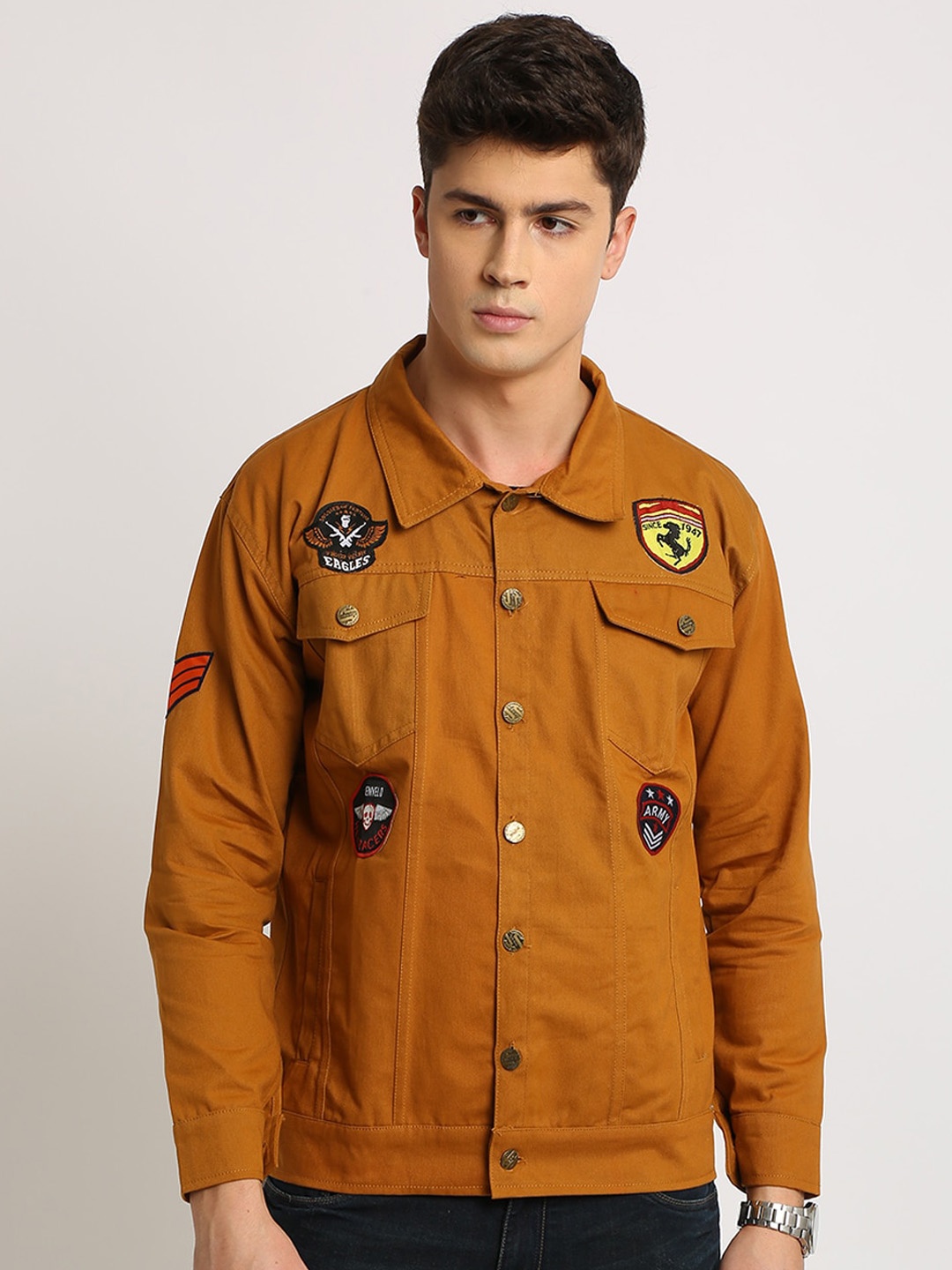 

VOXATI Men Cotton Denim Jacket with Patchwork, Mustard