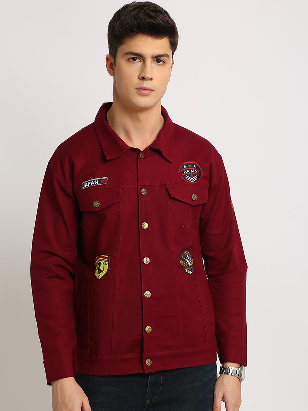

VOXATI Men Cotton Denim Jacket with Patchwork, Maroon