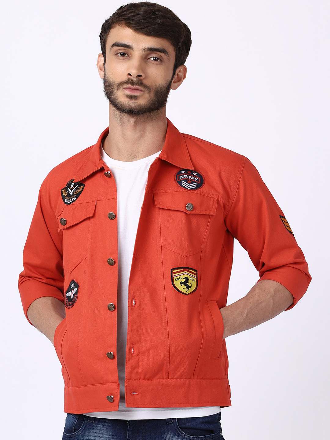 

VOXATI Men Cotton Denim Jacket with Patchwork, Orange