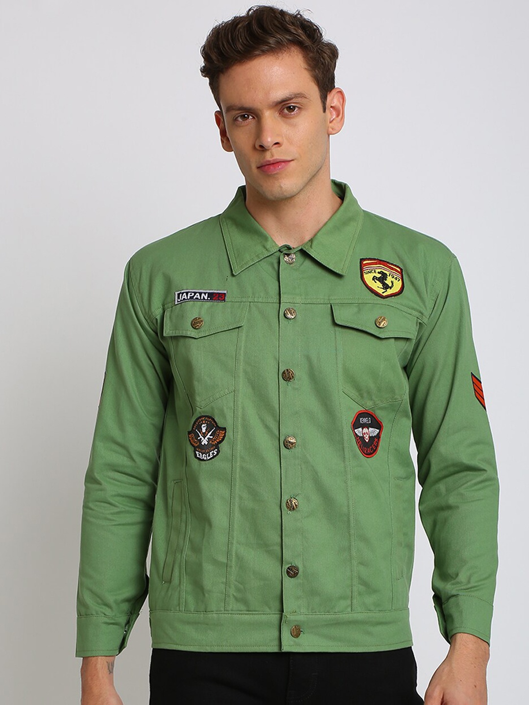 

VOXATI Men Cotton Denim Jacket with Patchwork, Green