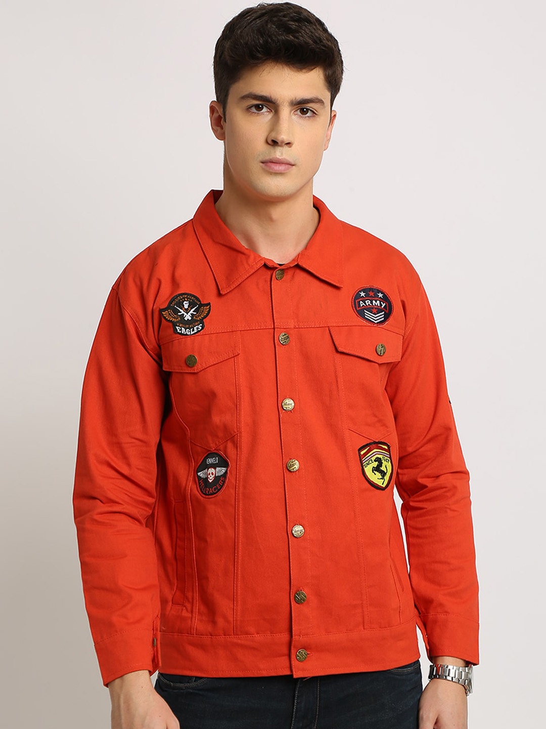 

VOXATI Men Cotton Denim Jacket with Patchwork, Orange