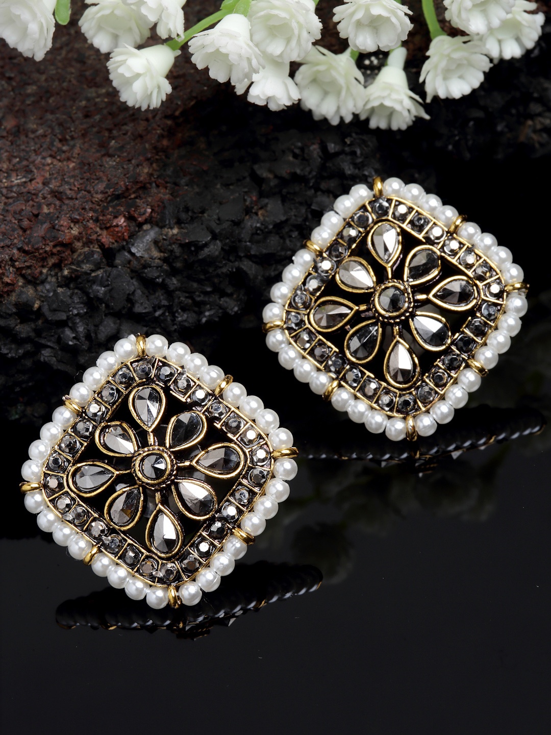 

PANASH Antique Gold-Plated Stone-Studded & Pearl Square Shaped Drop Earrings