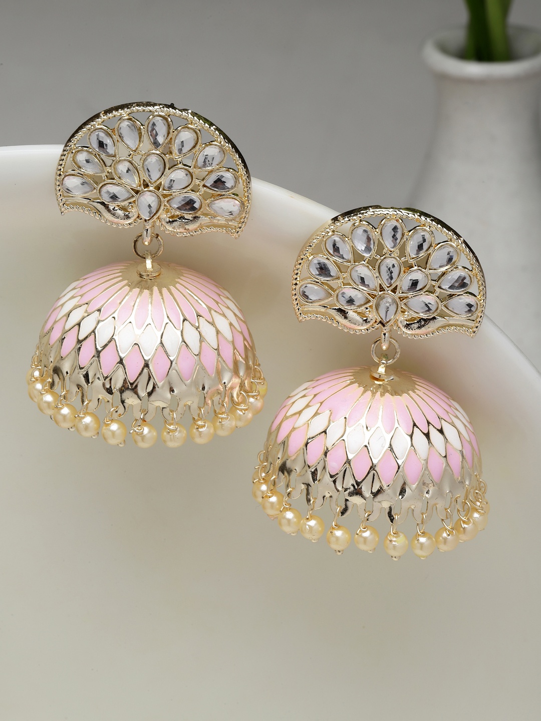 

PANASH Gold-Plated Kundan Stone Meenakari Dome Shaped Jhumka Earrings
