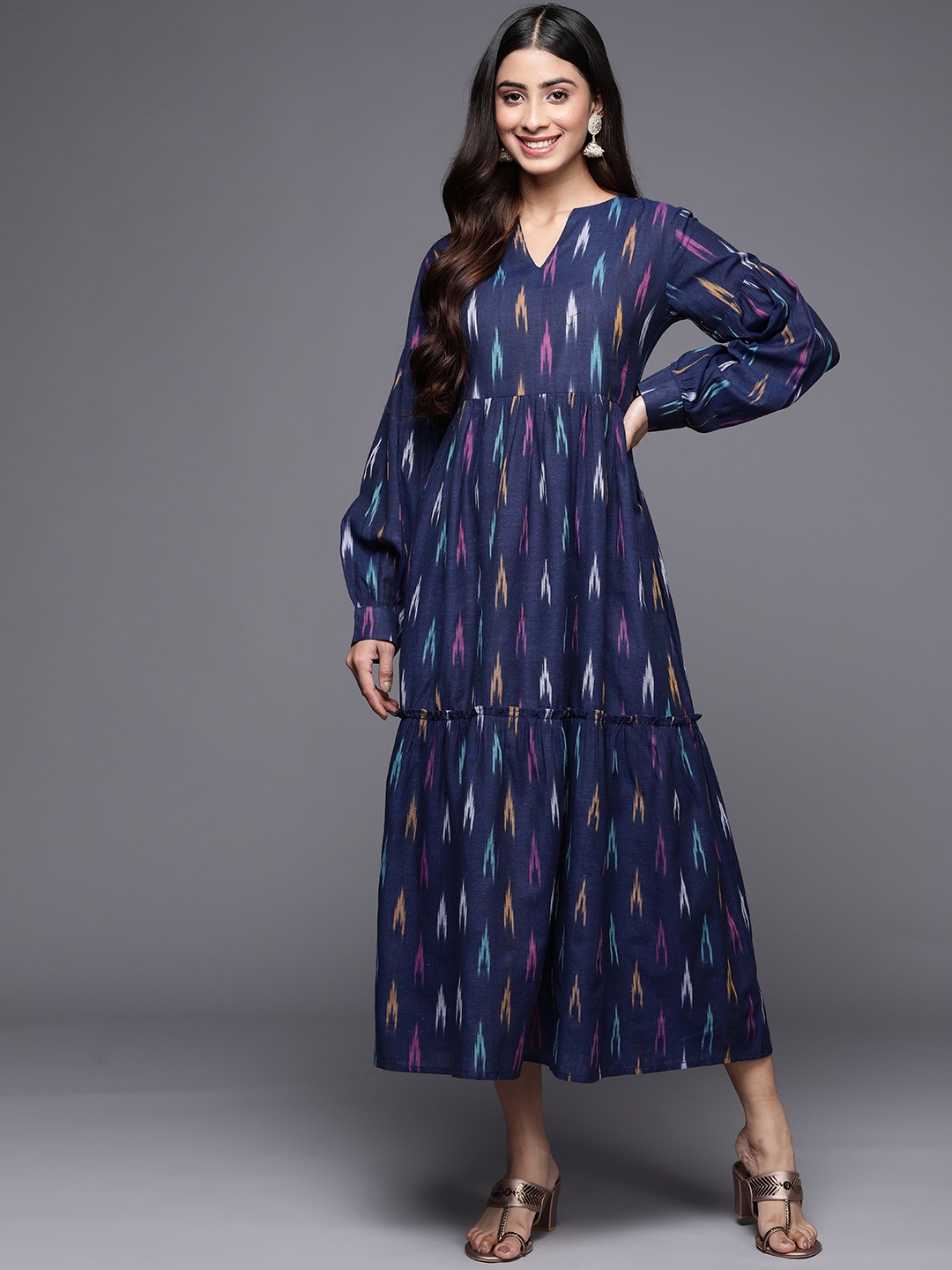 

Varanga Self Design Puff Sleeves Tiered A-Line Midi Dress, Blue