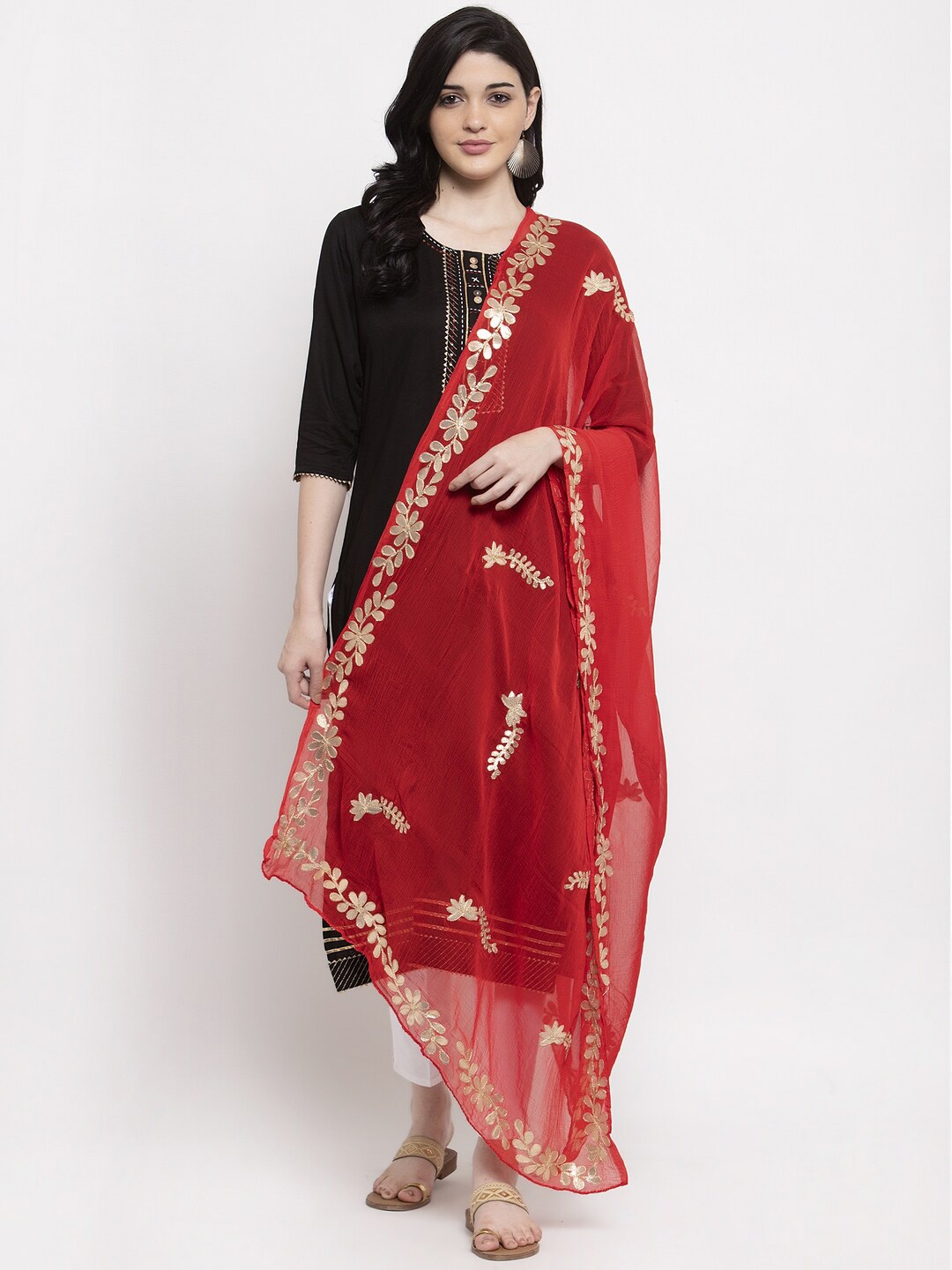 

Clora Creation Embroidered Dupatta with Gotta Patti, Red