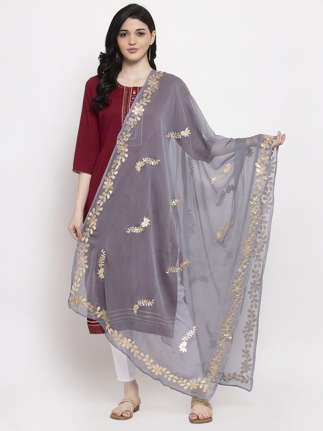 

Clora Creation Embroidered Dupatta with Gotta Patti, Grey