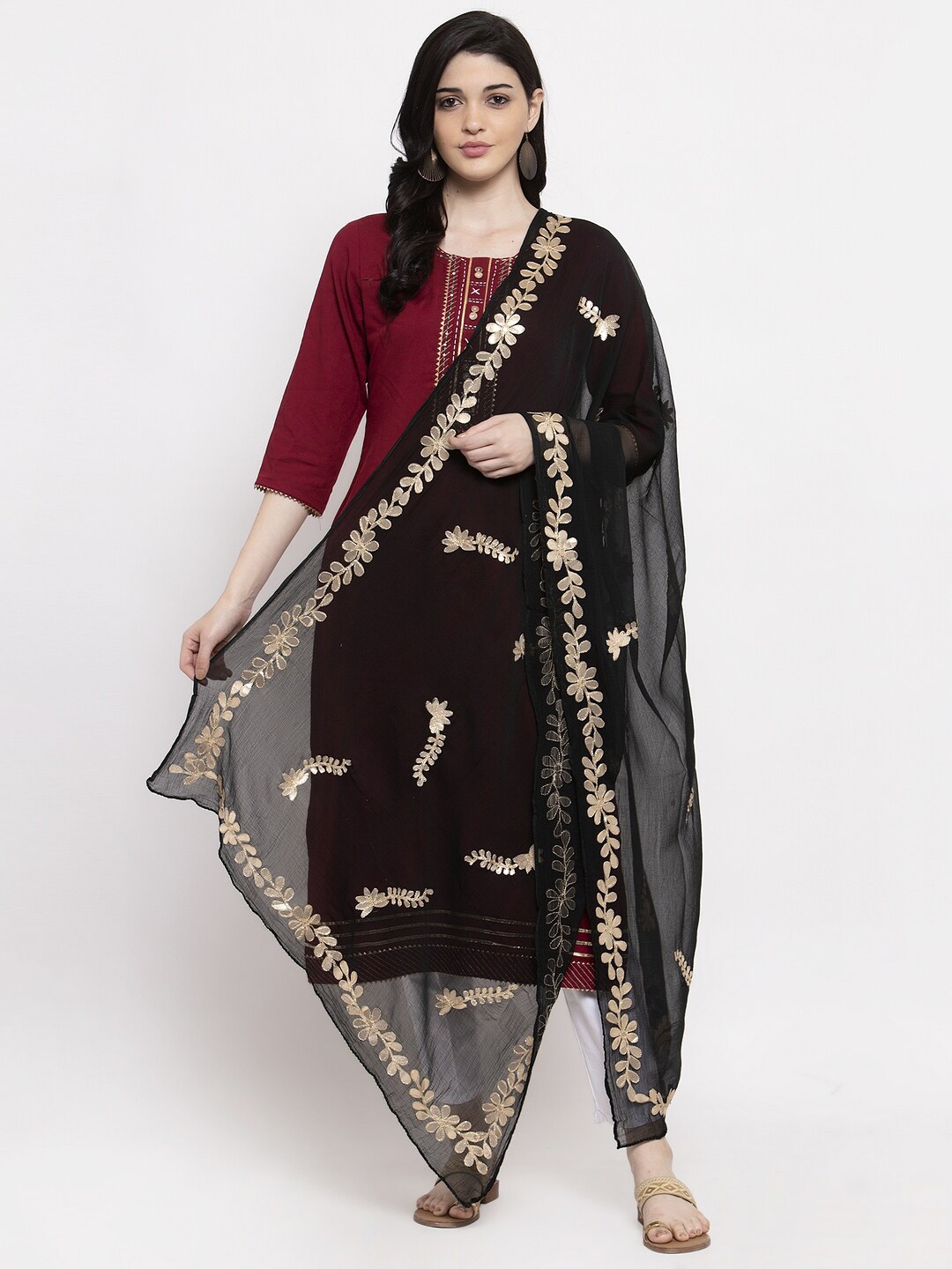 

Clora Creation Embroidered Dupatta with Zari, Black