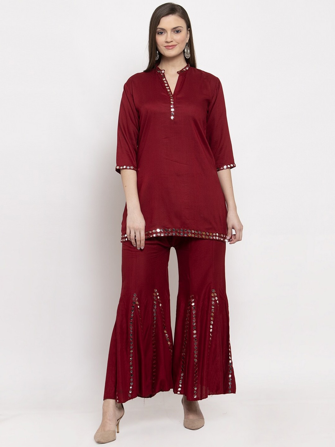 

Clora Creation Embroidered Mirror Work Kurti with Sharara, Maroon