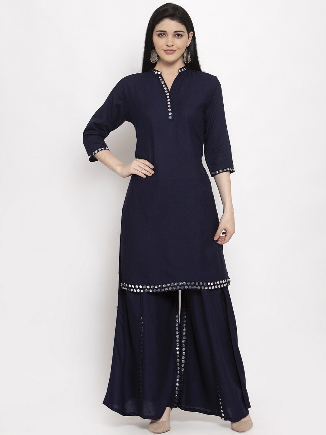 

Clora Creation Women Mirror Work Kurta with Palazzos, Navy blue
