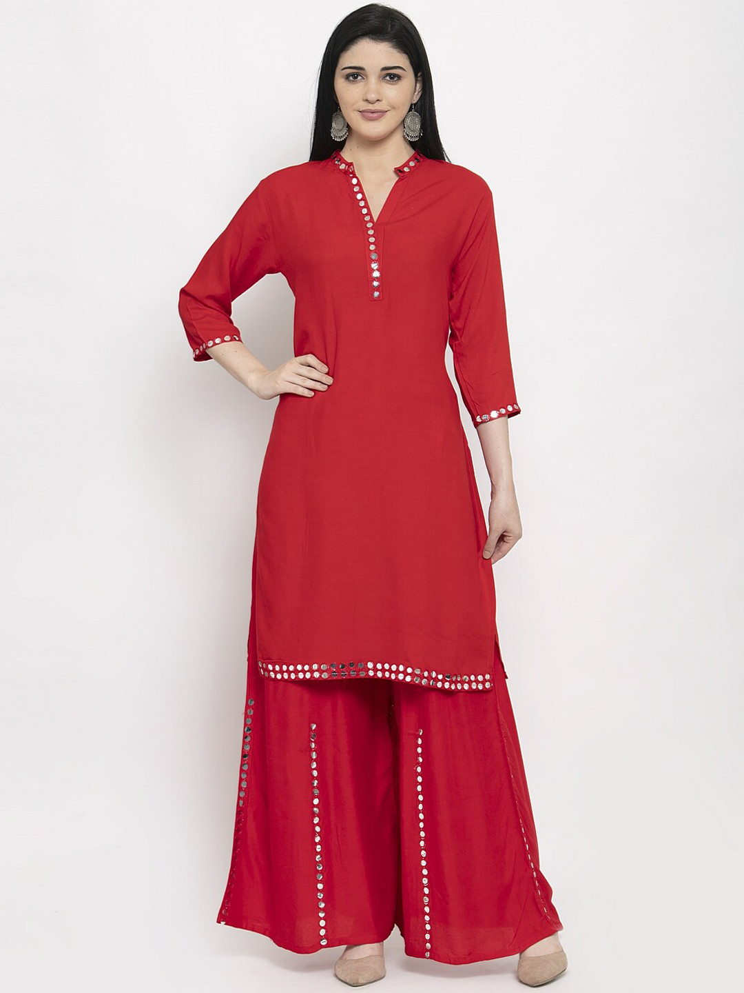 

Clora Creation Women Mirror Work Kurta with Palazzos, Red
