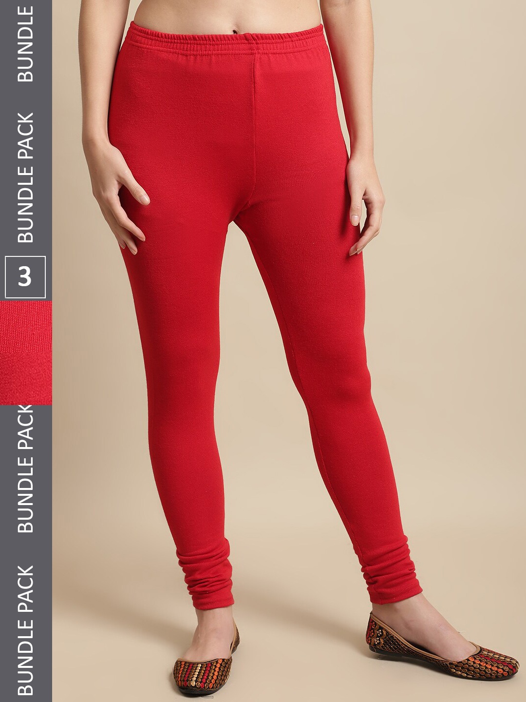 

KEX Women Pack Of 3 Slim Fit Churidar Length Leggings, Red