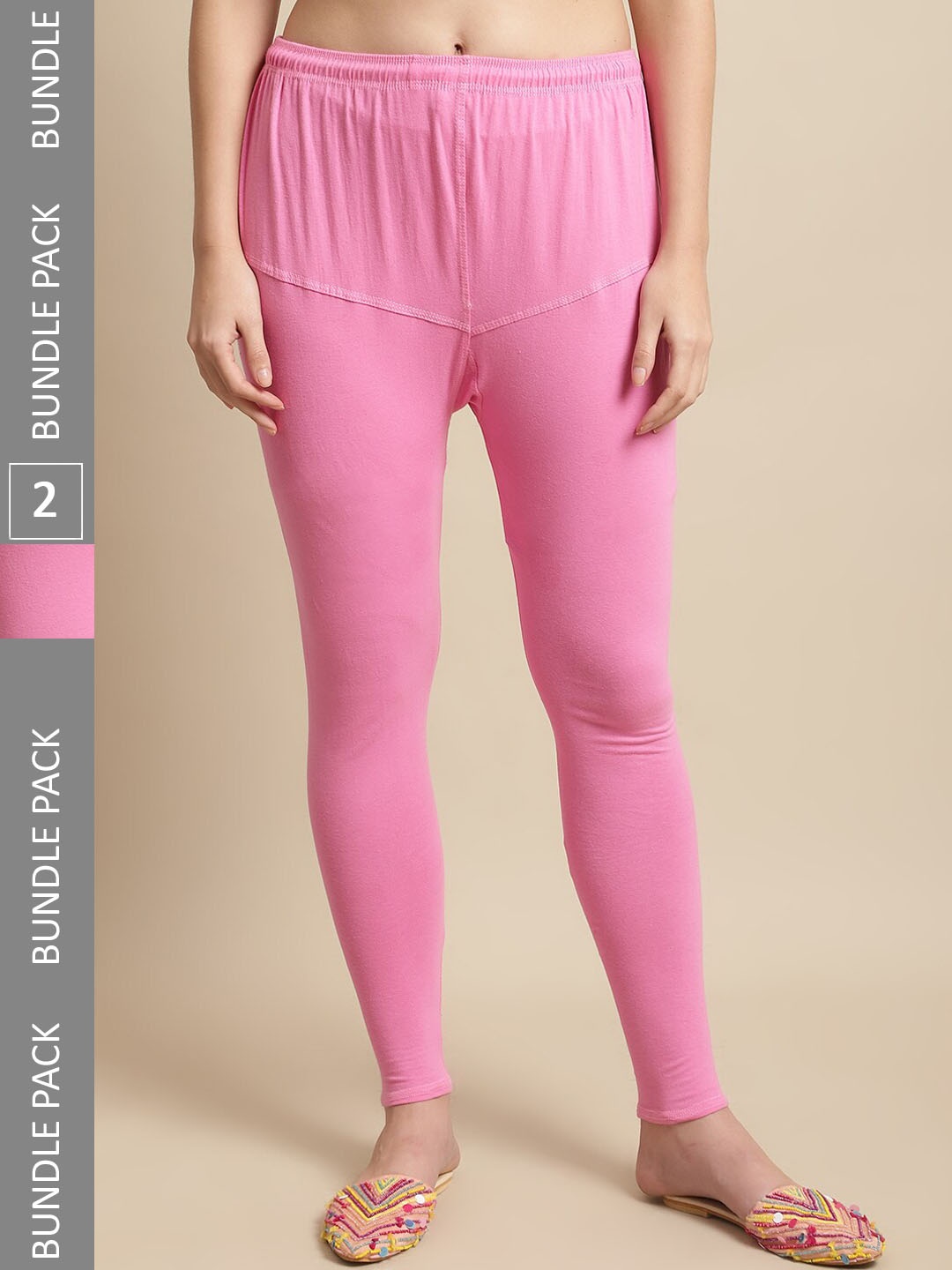 

KEX Rubi Pack of 2 Flexible Comfort Fit Ankle Length Cotton Leggings, Pink